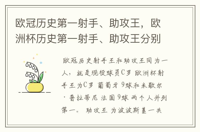 欧冠历史第一射手、助攻王，欧洲杯历史第一射手、助攻王分别是谁？