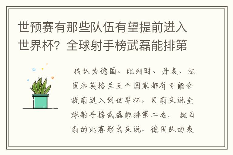 世预赛有那些队伍有望提前进入世界杯？全球射手榜武磊能排第几？