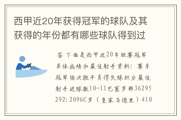 西甲近20年获得冠军的球队及其获得的年份都有哪些球队得到过意大利