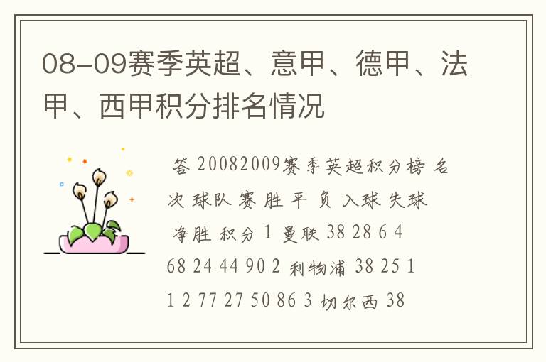 08-09赛季英超、意甲、德甲、法甲、西甲积分排名情况