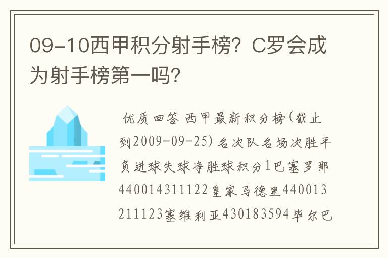 09-10西甲积分射手榜？C罗会成为射手榜第一吗？