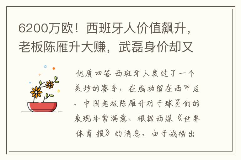 6200万欧！西班牙人价值飙升，老板陈雁升大赚，武磊身价却又缩水