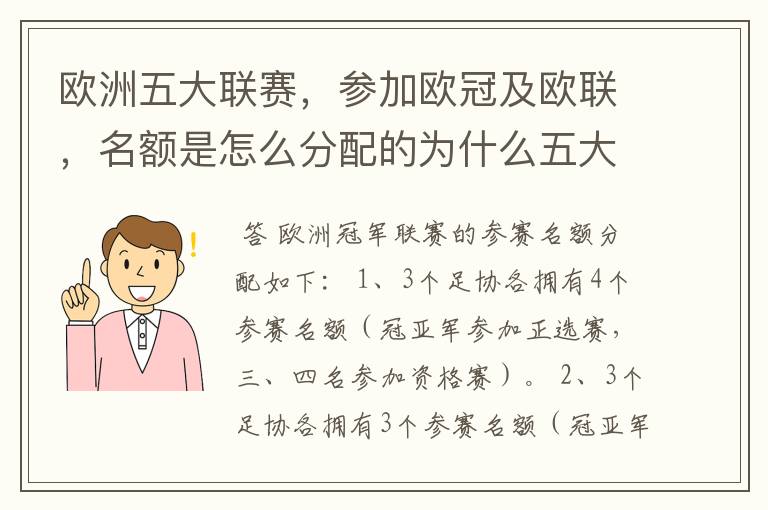 欧洲五大联赛，参加欧冠及欧联，名额是怎么分配的为什么五大联赛只有法甲