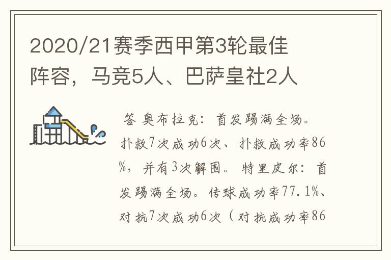 2020/21赛季西甲第3轮最佳阵容，马竞5人、巴萨皇社2人