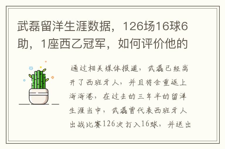 武磊留洋生涯数据，126场16球6助，1座西乙冠军，如何评价他的表现？