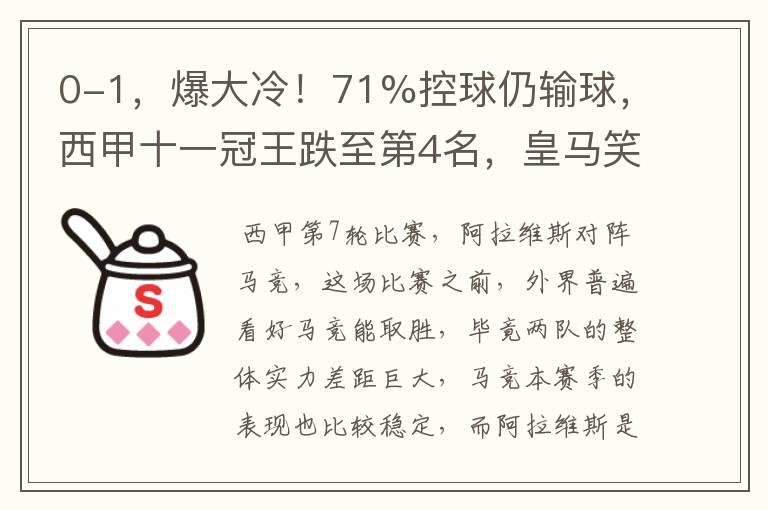 0-1，爆大冷！71%控球仍输球，西甲十一冠王跌至第4名，皇马笑了