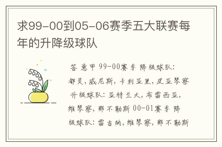 求99-00到05-06赛季五大联赛每年的升降级球队