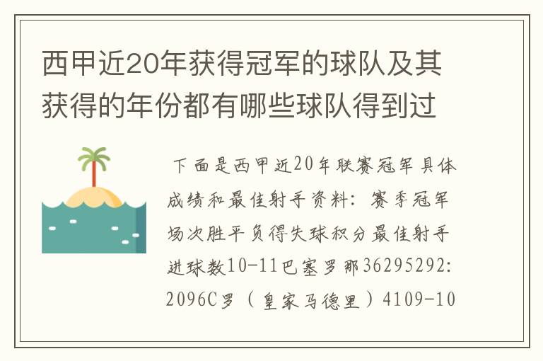 西甲近20年获得冠军的球队及其获得的年份都有哪些球队得到过意大利