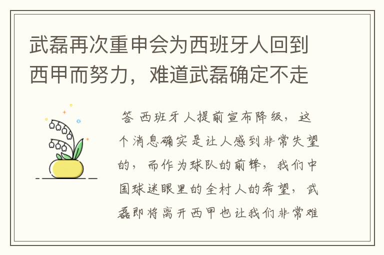 武磊再次重申会为西班牙人回到西甲而努力,难道武磊确定不走了?
