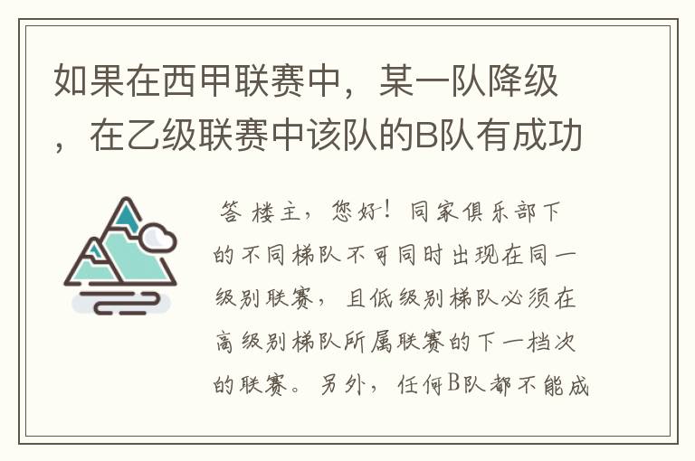 如果在西甲联赛中，某一队降级，在乙级联赛中该队的B队有成功升级，那么第二年的联赛将会怎么样呢？