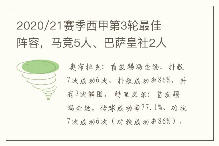 2020/21赛季西甲第3轮最佳阵容，马竞5人、巴萨皇社2人