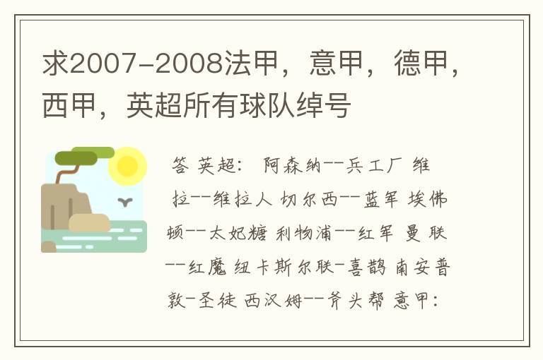 求2007-2008法甲，意甲，德甲，西甲，英超所有球队绰号