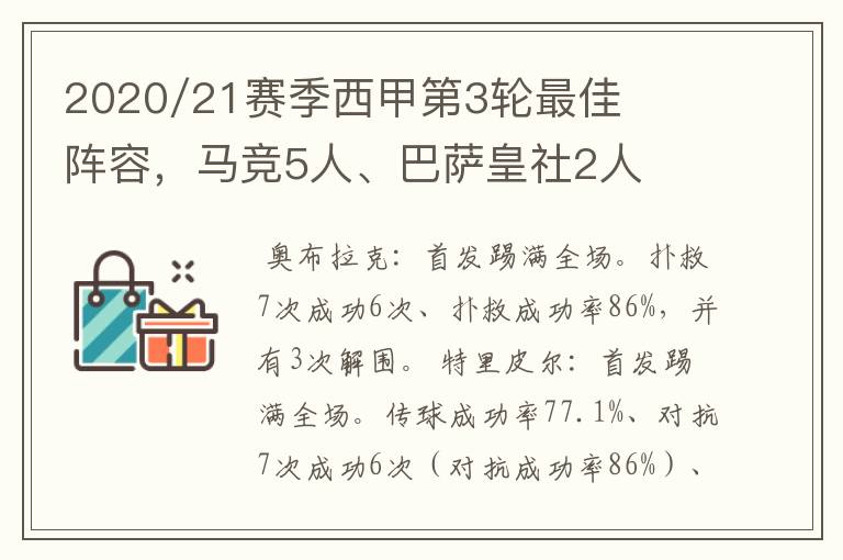 2020/21赛季西甲第3轮最佳阵容，马竞5人、巴萨皇社2人