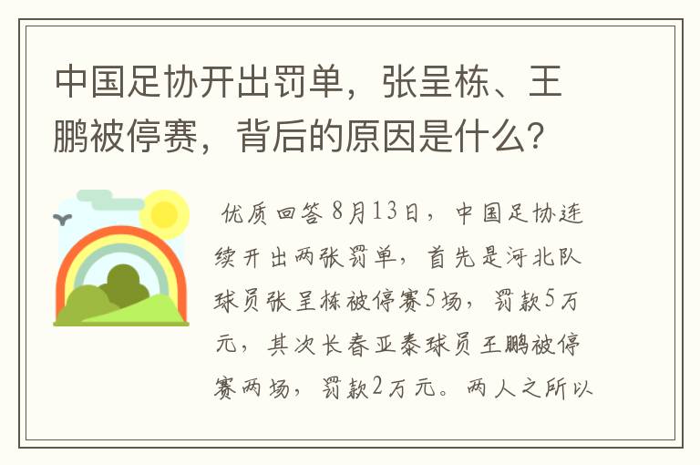 中国足协开出罚单，张呈栋、王鹏被停赛，背后的原因是什么？