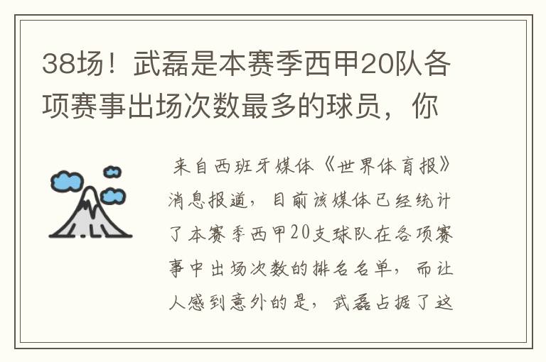 38场！武磊是本赛季西甲20队各项赛事出场次数最多的球员，你怎么看？