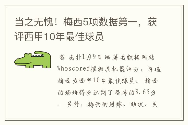 当之无愧！梅西5项数据第一，获评西甲10年最佳球员