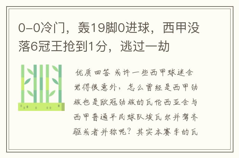 0-0冷门，轰19脚0进球，西甲没落6冠王抢到1分，逃过一劫