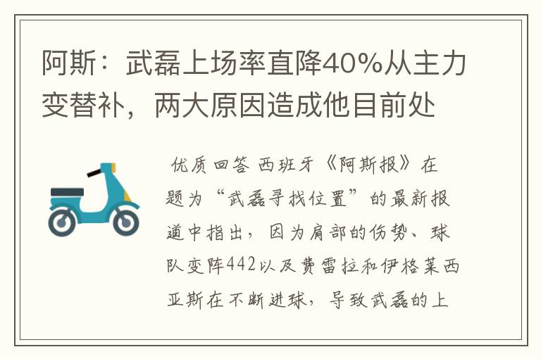 阿斯：武磊上场率直降40%从主力变替补，两大原因造成他目前处境