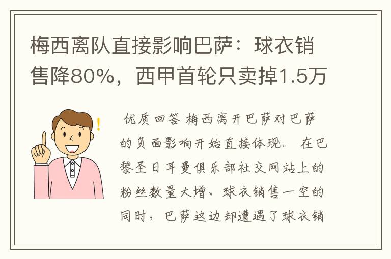 梅西离队直接影响巴萨：球衣销售降80%，西甲首轮只卖掉1.5万球票