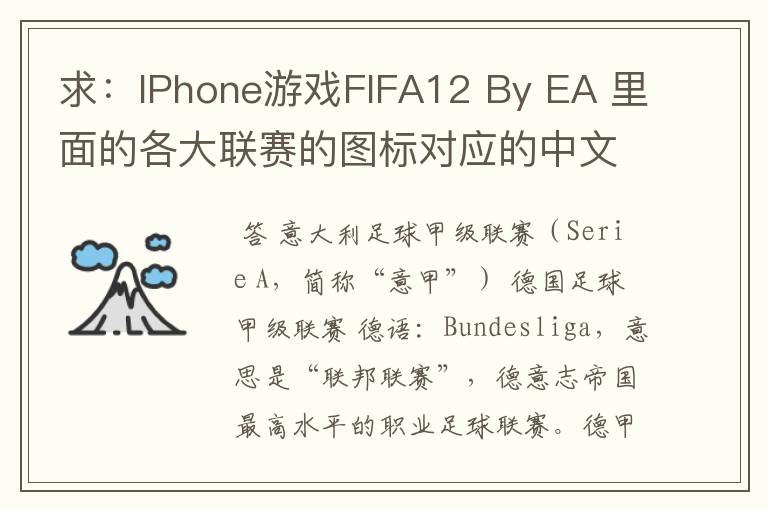 求：IPhone游戏FIFA12 By EA 里面的各大联赛的图标对应的中文名称 例如：Liga BBVA 西甲