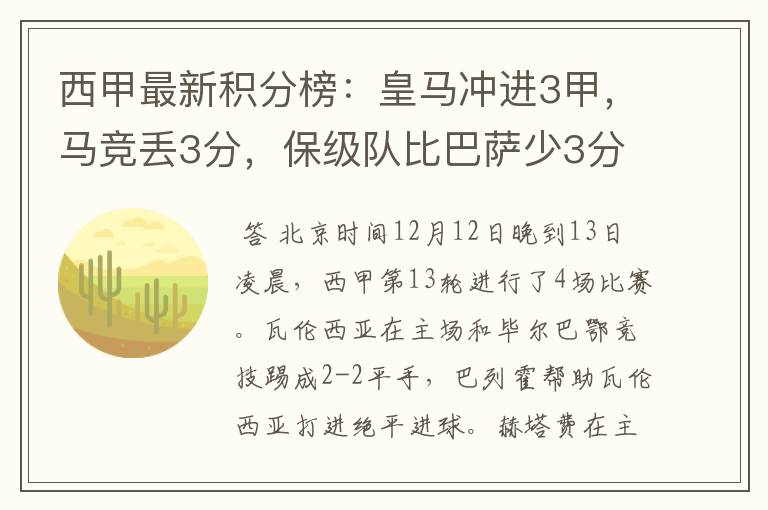 西甲最新积分榜：皇马冲进3甲，马竞丢3分，保级队比巴萨少3分