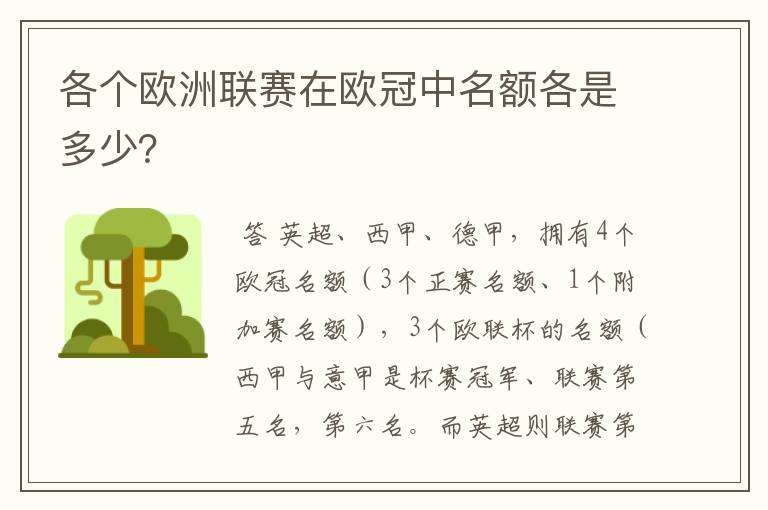 各个欧洲联赛在欧冠中名额各是多少？