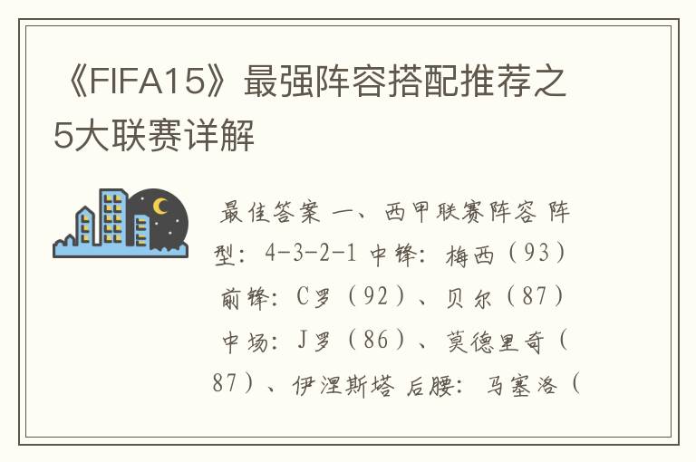 《FIFA15》最强阵容搭配推荐之5大联赛详解