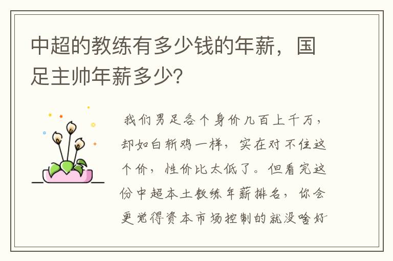 中超的教练有多少钱的年薪，国足主帅年薪多少？