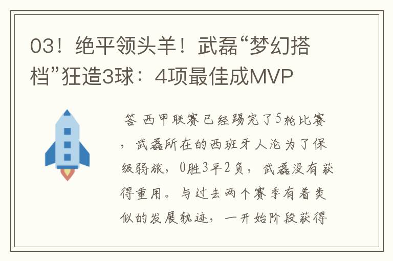 03！绝平领头羊！武磊“梦幻搭档”狂造3球：4项最佳成MVP