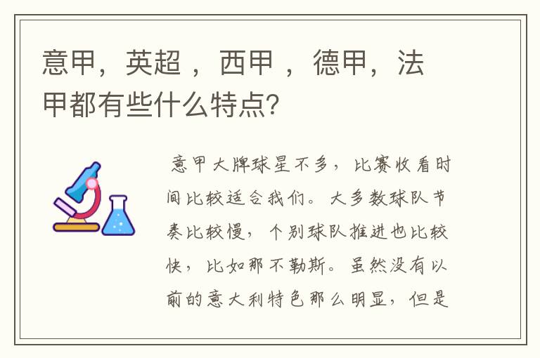 意甲，英超 ，西甲 ，德甲，法甲都有些什么特点？