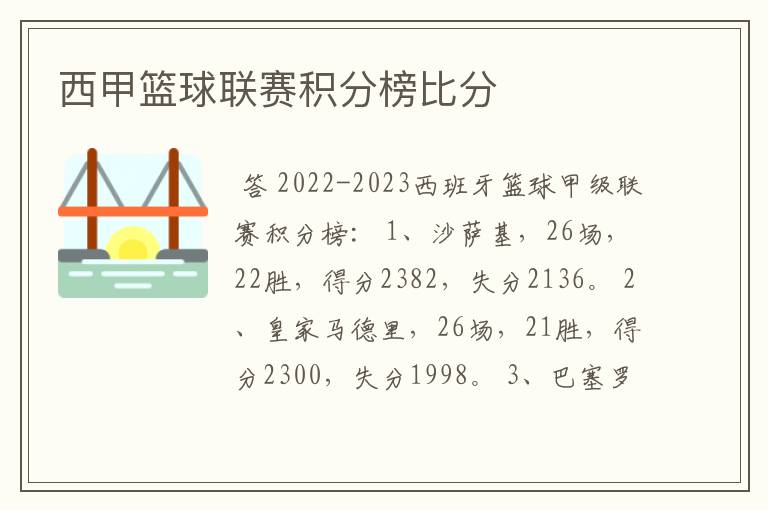 西甲篮球联赛积分榜比分