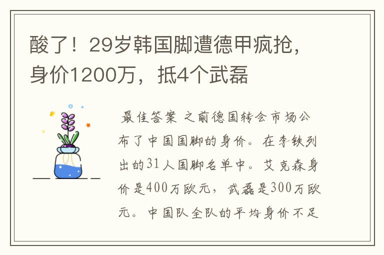 酸了！29岁韩国脚遭德甲疯抢，身价1200万，抵4个武磊