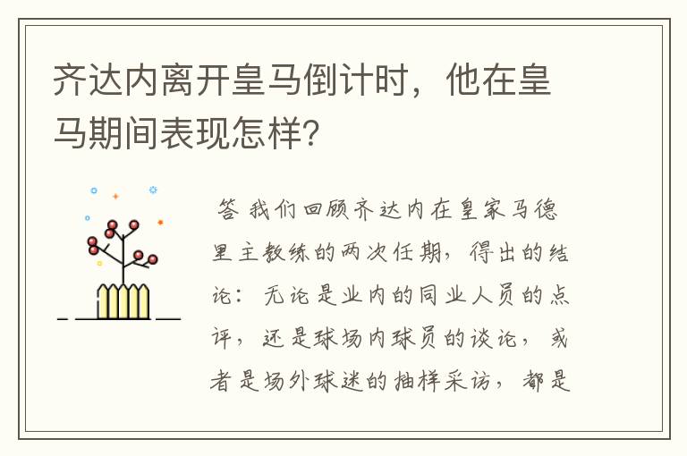 齐达内离开皇马倒计时，他在皇马期间表现怎样？