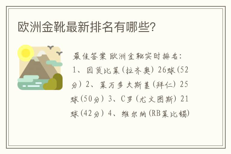 欧洲金靴最新排名有哪些？