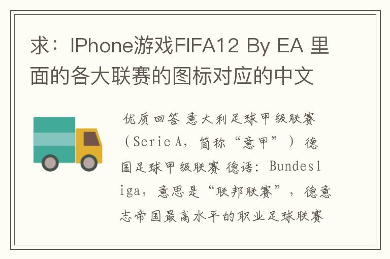 求：IPhone游戏FIFA12 By EA 里面的各大联赛的图标对应的中文名称 例如：Liga BBVA 西甲