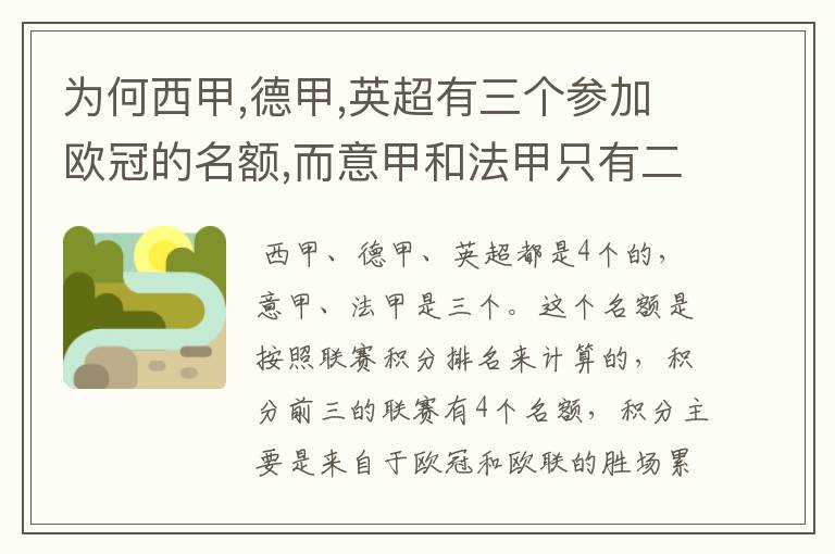 为何西甲,德甲,英超有三个参加欧冠的名额,而意甲和法甲只有二个?