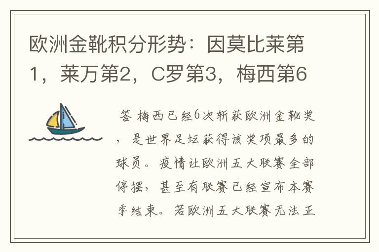 欧洲金靴积分形势：因莫比莱第1，莱万第2，C罗第3，梅西第6