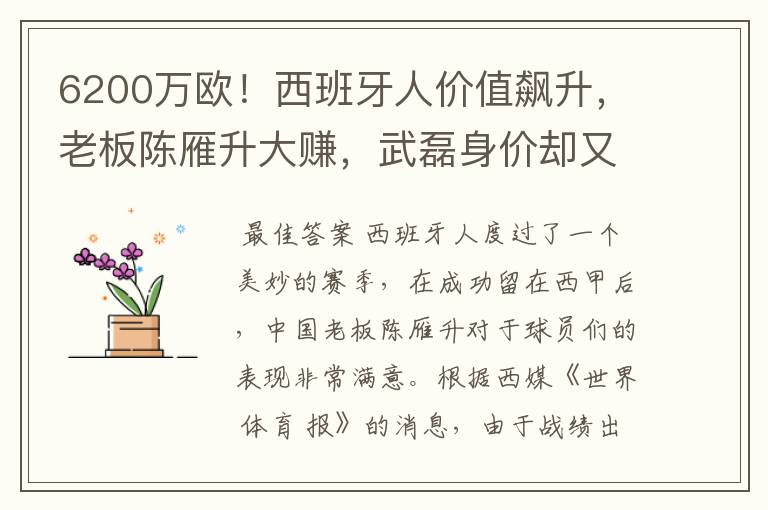 6200万欧！西班牙人价值飙升，老板陈雁升大赚，武磊身价却又缩水