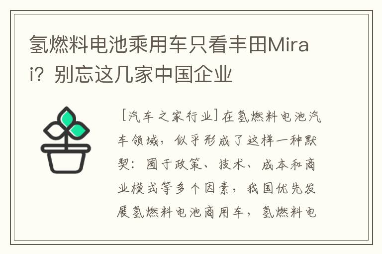 氢燃料电池乘用车只看丰田Mirai？别忘这几家中国企业