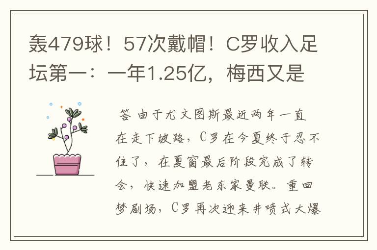 轰479球！57次戴帽！C罗收入足坛第一：一年1.25亿，梅西又是第二