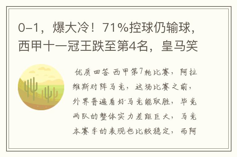 0-1，爆大冷！71%控球仍输球，西甲十一冠王跌至第4名，皇马笑了