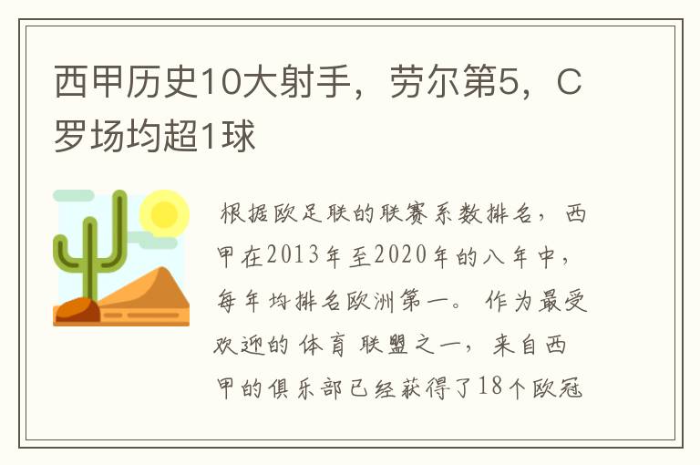 西甲历史10大射手，劳尔第5，C罗场均超1球