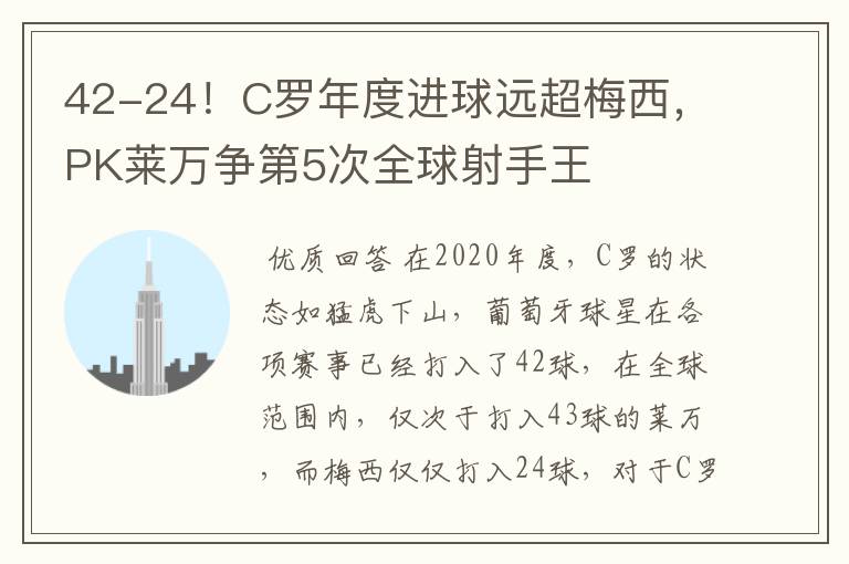 42-24！C罗年度进球远超梅西，PK莱万争第5次全球射手王