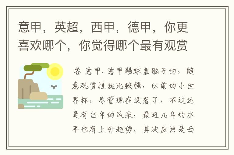 意甲，英超，西甲，德甲，你更喜欢哪个，你觉得哪个最有观赏性