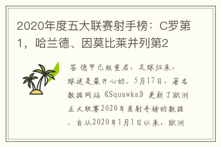 2020年度五大联赛射手榜：C罗第1，哈兰德、因莫比莱并列第2