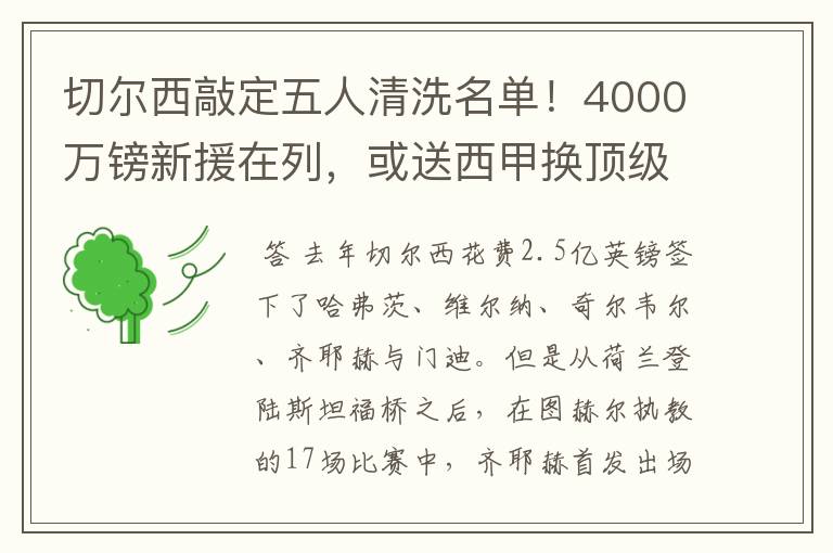 切尔西敲定五人清洗名单！4000万镑新援在列，或送西甲换顶级铁闸