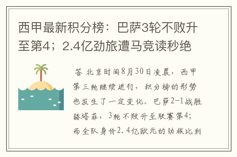 西甲最新积分榜：巴萨3轮不败升至第4；2.4亿劲旅遭马竞读秒绝平