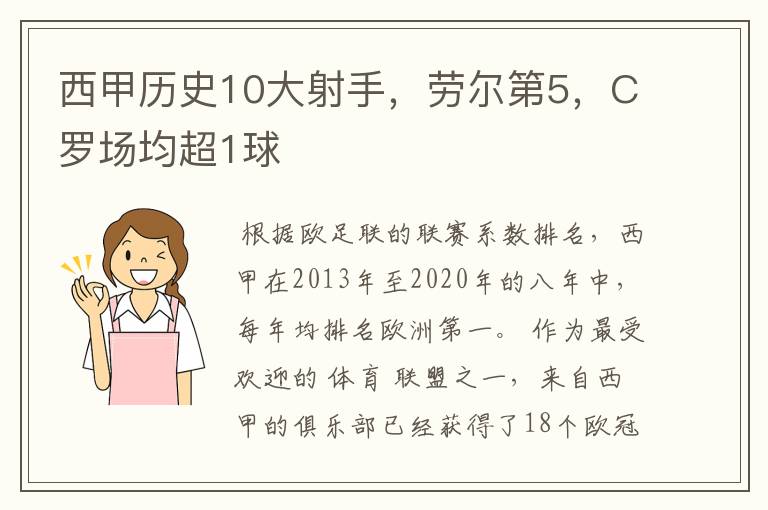 西甲历史10大射手，劳尔第5，C罗场均超1球