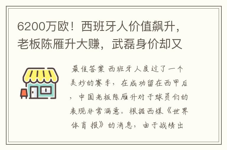 6200万欧！西班牙人价值飙升，老板陈雁升大赚，武磊身价却又缩水