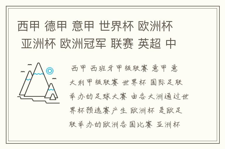 西甲 德甲 意甲 世界杯 欧洲杯 亚洲杯 欧洲冠军 联赛 英超 中超  分别是什么意思啊？